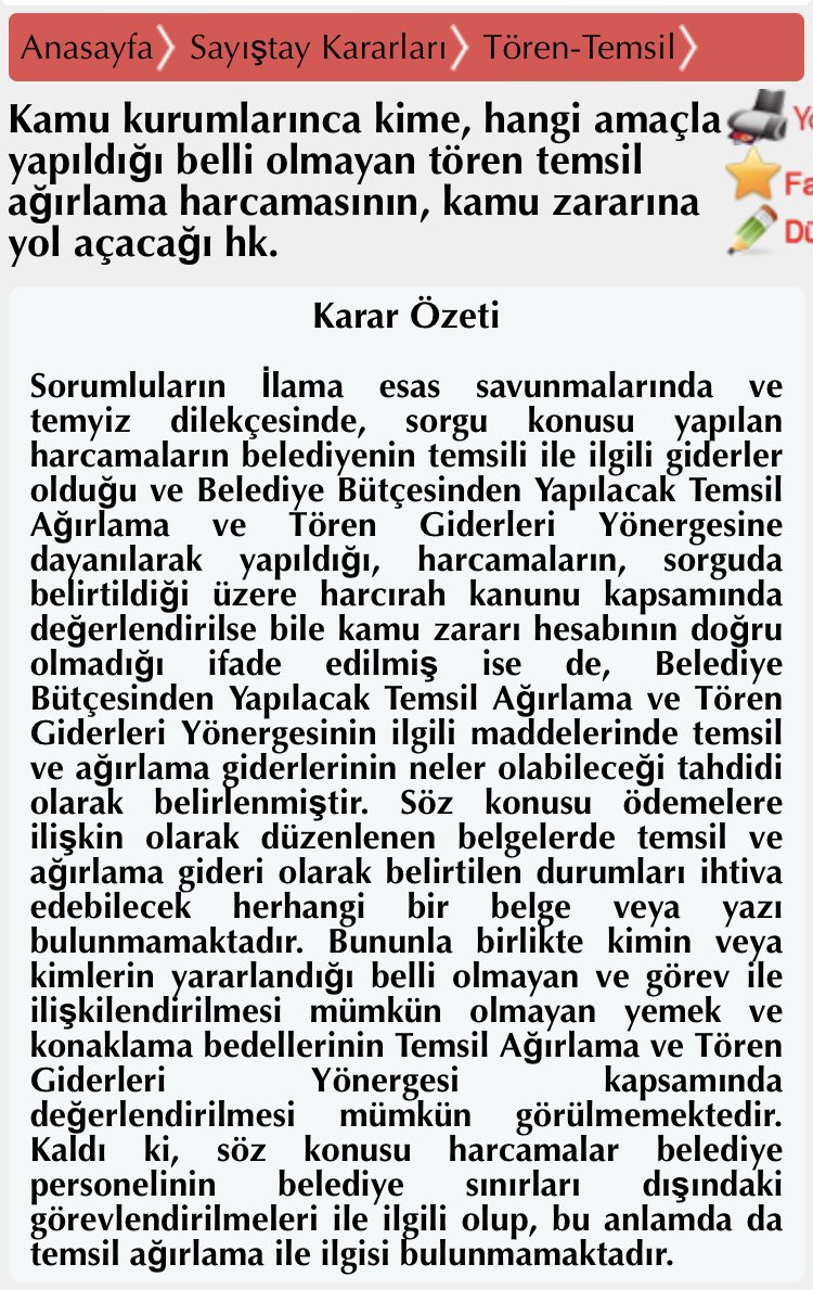 Kamu kurumlarınca kime, hangi amaçla yapıldığı belli olmayan tören temsil ağırlama harcamasının, kamu zararına yol açacağı hakkında Sayıştay Kr. #sayıştay #danıştay #yargıtay #belediye #kamu #devler #törentemsil #zimmet #kamuzararı 

Karar: kararkutuphanesi.com/yazi.php?id=76…