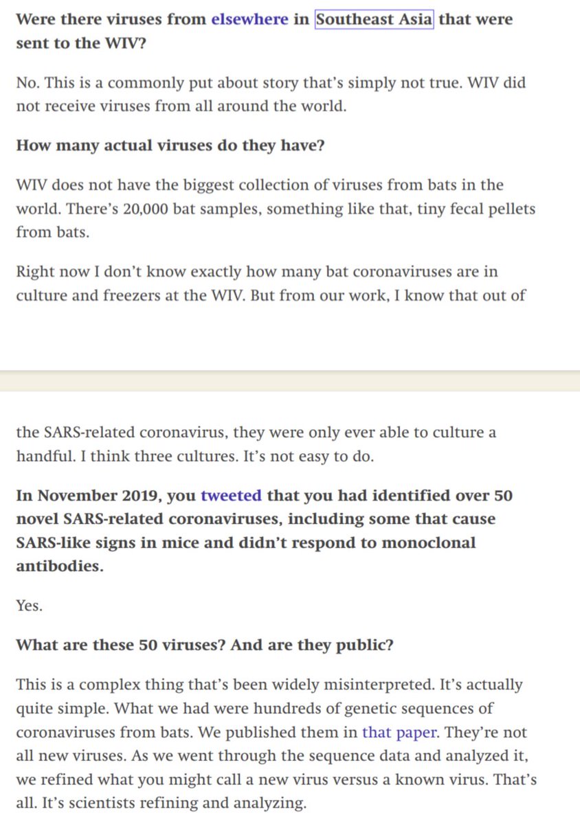 Maybe @fastlerner and @MaraHvistenl could get Peter Daszak to explain how his March 2022 comments could possibly be consistent with the 2020 email he just released about having 15,000 samples in the WIV freezers and 'could do the full genomes of 700+ CoVs we've identified'