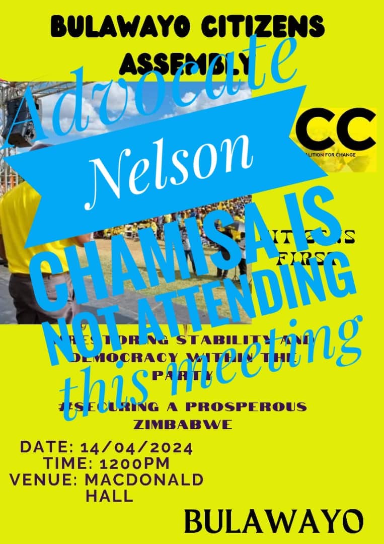 THERE IS DISINFORMATION by some @Welshman_Ncube & Sengezo Tshabangu followers that @nelsonchamisa will today attend a CCC meeting at Bulawayo, Mzilikazi, MacDonald Hall. It's high time Ncube & Tshabangu adherents used their own steam to prop up their quisling pro-Lacoste politics