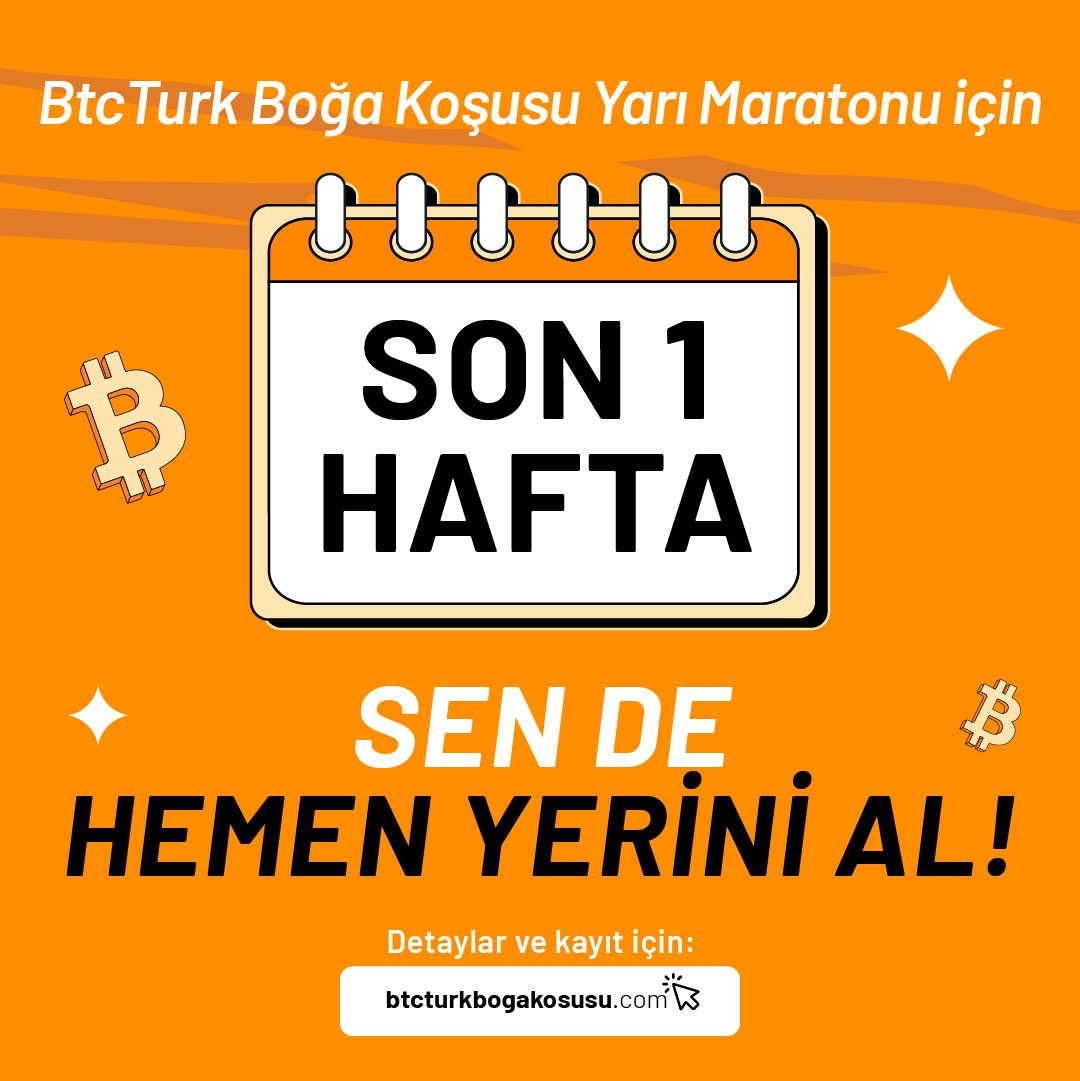 BtcTurk Boğa Koşusu Yarı Maratonu’na sadece 1 hafta kaldı!⏳ İstanbul'un eşsiz manzarasıyla Bitcoin Ödül Yarılanmasını kutlamak için 4 yılda 1 gerçekleşecek bu koşuya sen de btcturkbogakosusu.com'dan kaydını yap, toplam 2.1 Bitcoin değerinde 238 ödülden birini kazanma şansı…