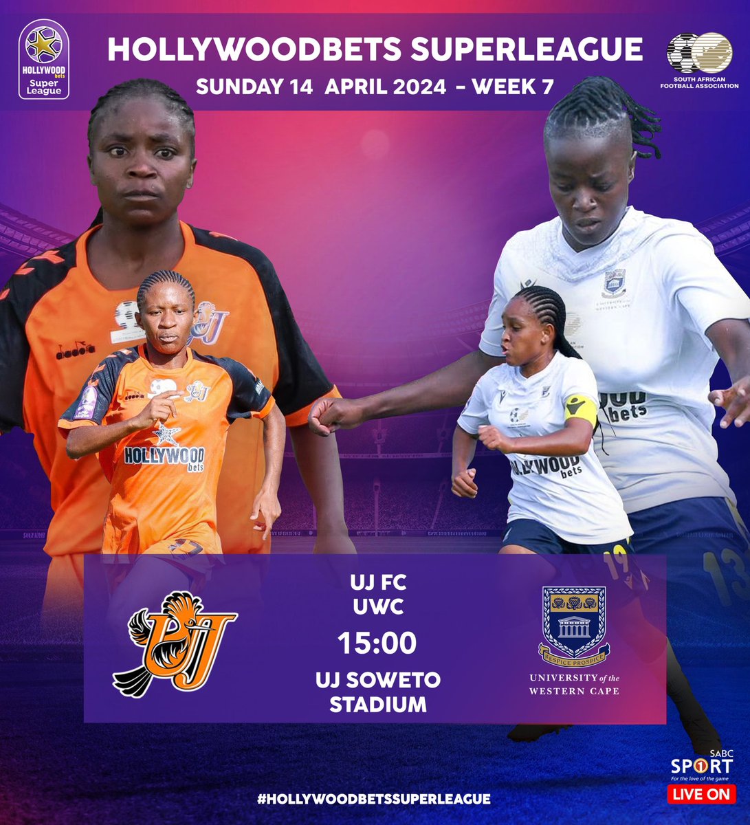 🔥🔥🔥match this afternoon in #HollywoodbetsSuperLeague 

@ujfootball host @UWCFootball at the UJ Soweto Campus at 15h00

Catch the action live on @Official_SABC1 

#BekeLeBekeSL