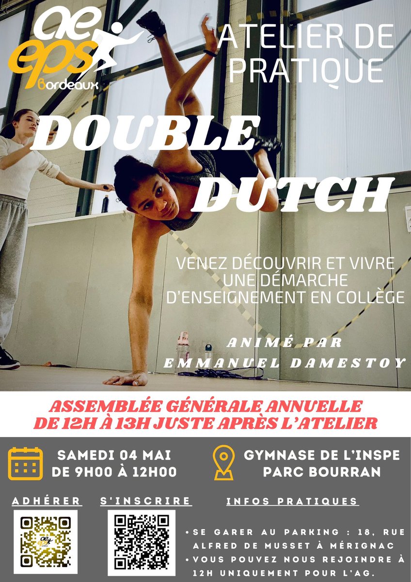 AEEPSBordeaux's tweet photo. Dernier atelier de pratique de l’année !
@AEEPSBordeaux en Double Dutch animé par Emmanuel Damestoy.
Nous ferons ensuite l’AG de l’asso afin de préparer l’année prochaine !
@AEEPS 
Pour s’inscrire : https://t.co/qlBI63pV5U https://t.co/Ly3PB3EGCy