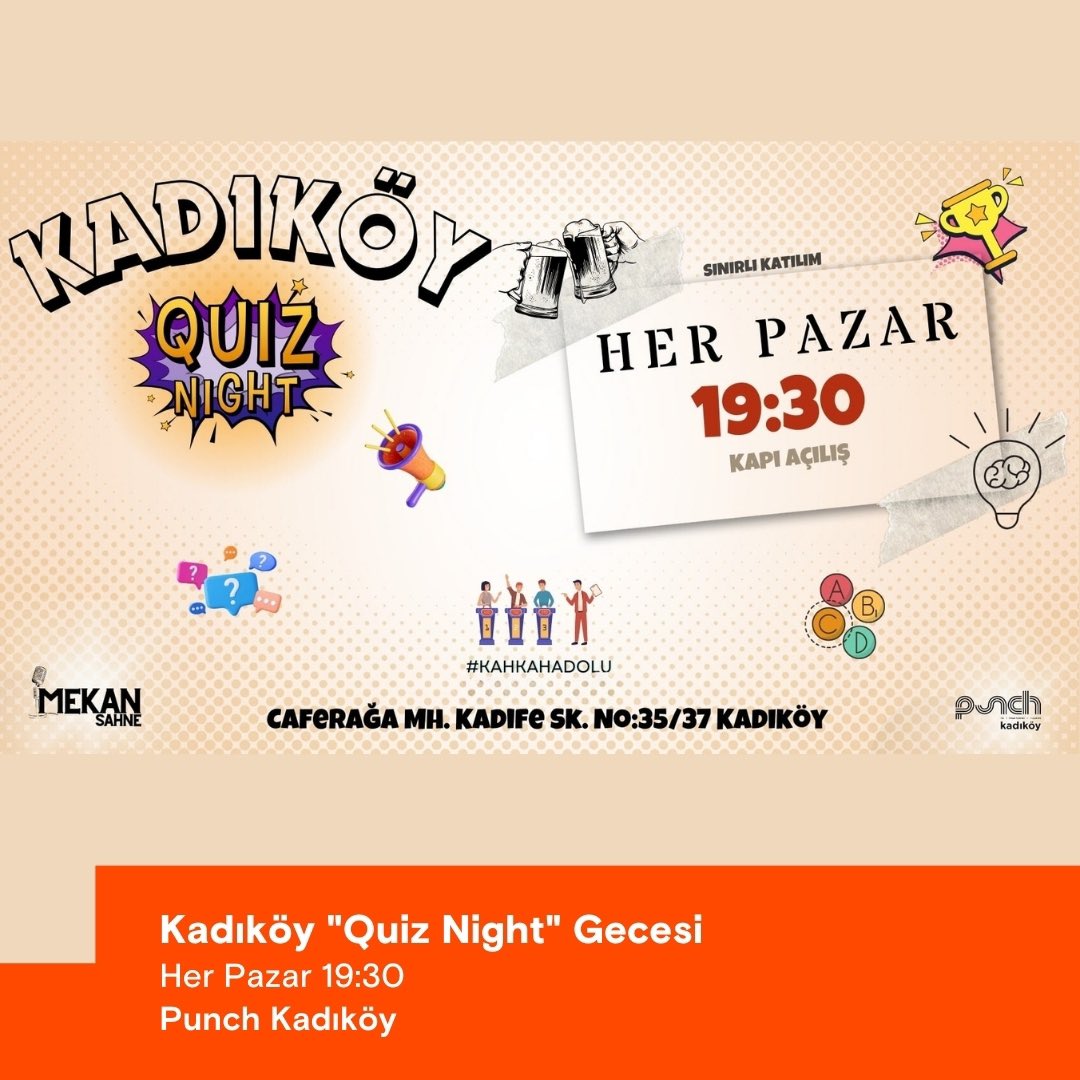 Kadıköy 'Quiz Night' Gecesi, her pazar Punch Kadıköy’de! 🎤 Bu etkinlik kaçmaz diyorsan Mobilet'te yerin hazır! 🎫 #Mobilet #Etkinlik #QuizNight #StandUp #Komedi mobilet.com/tr/search/?tex…