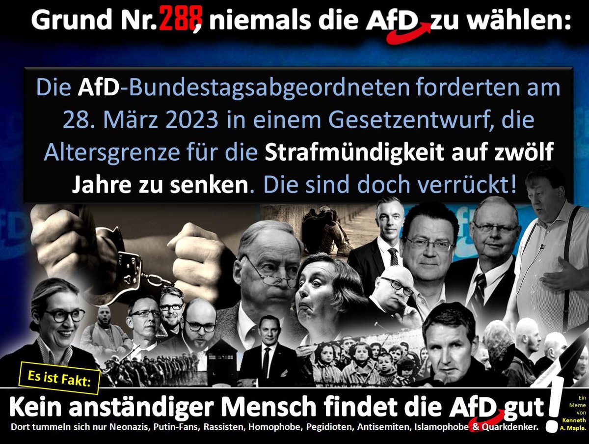 Jeden Tag daran erinnern,  dass die #afd keine demokratische Partei, sondern eine faschistische, unsoziale, frauenfeindliche, homofeindliche und  rassistische Vereinigung von Rechtsextremist*innen ist, die vom Verfassungsschutz beobachtet wird.

Copyright  by @lupus_woelfin