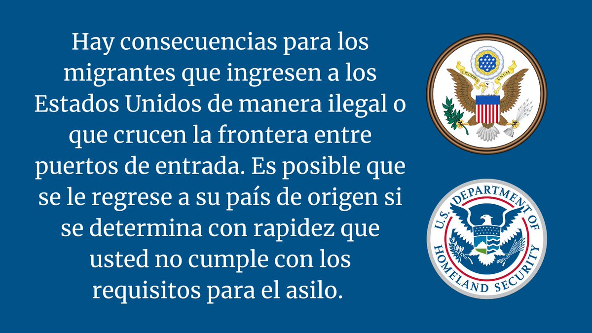 Hay consecuencias para los migrantes que ingresen a los Estados Unidos de manera ilegal o que crucen la frontera entre puertos de entrada. Es posible que se le regrese a su país de origen si se determina con rapidez que usted no cumple con los requistos para el asilo.