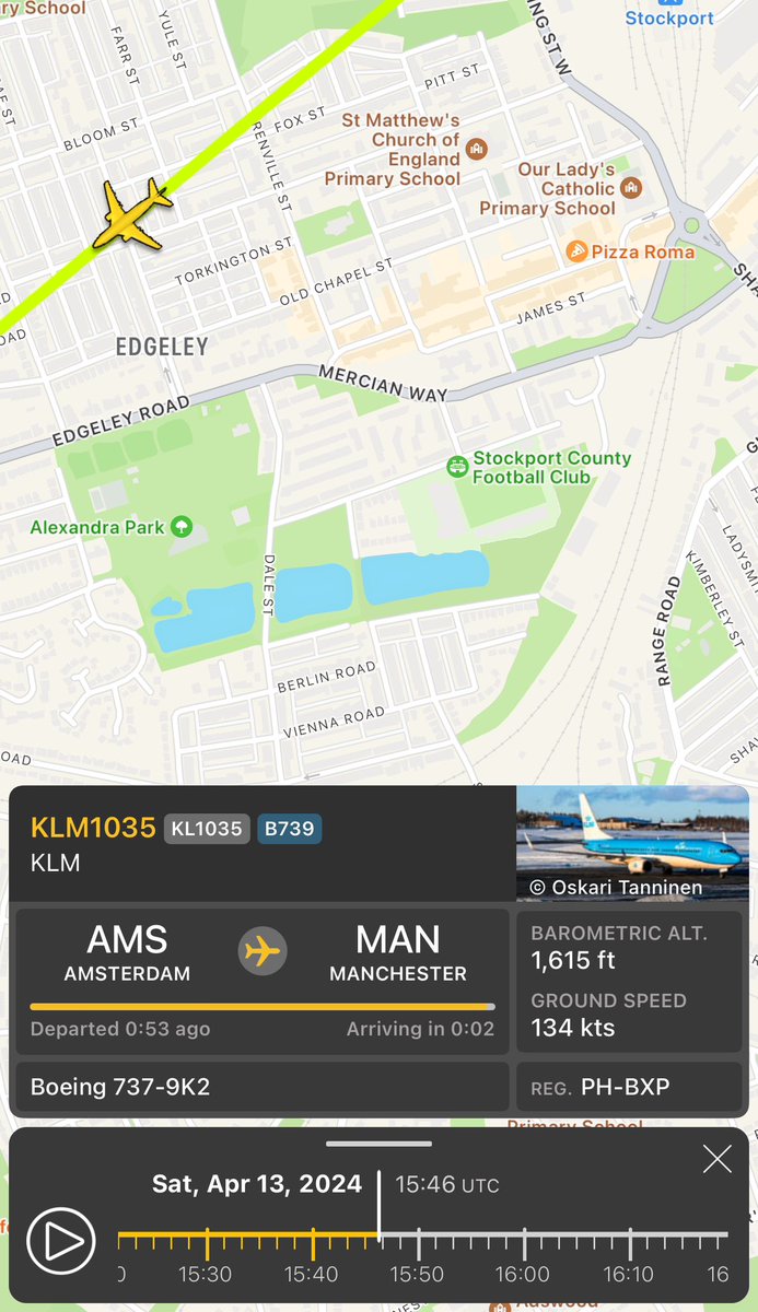 For anyone wondering, that plane was the KLM1035 from Amsterdam to Manchester. You’re welcome. #stockportcounty