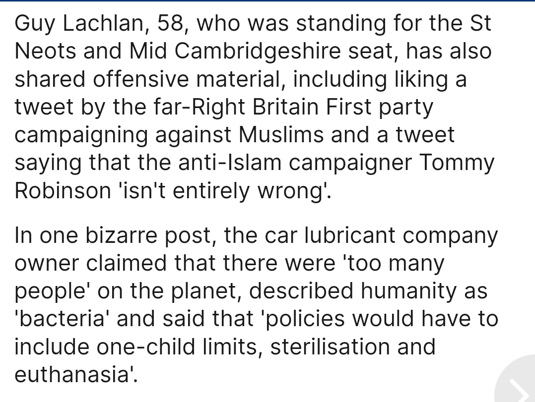 Guy Lachlan dropped by Reform in St Neots & Mid Camb for liking Britain First comments & being another anti-human candidate: humans are 'bacteria' promoting eugenics and euthanasia