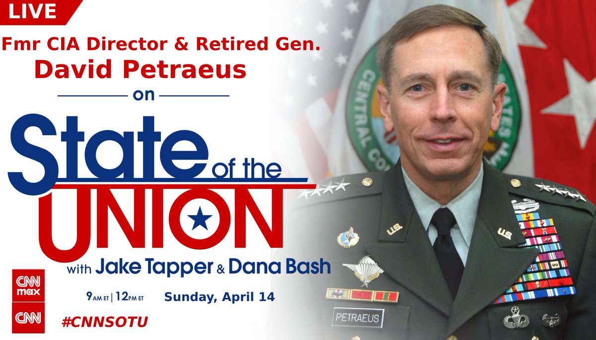 TUNE in for a special edition of #CNNSOTU starting at 8am EST Former CIA Director and retired Gen. David Petraeus joins @JakeTapper Tune in on 📺 @CNN, 🌎🌍🌏 @cnni, @StreamOnMax, 🎧📻 @Audacy, @tunein, @SIRIUSXM Ch. 116 & 🖥️💻📲 cnn.com/GO!