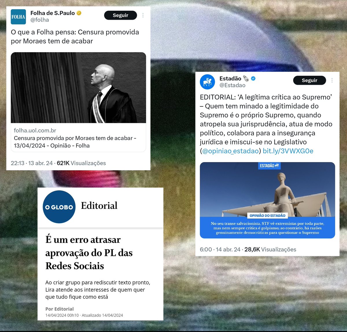 Editoriais dos principais jornais brasileiros hoje. Dois criticam a censura promovida e o outro tenta te censurar... advinha qual? Globolixo