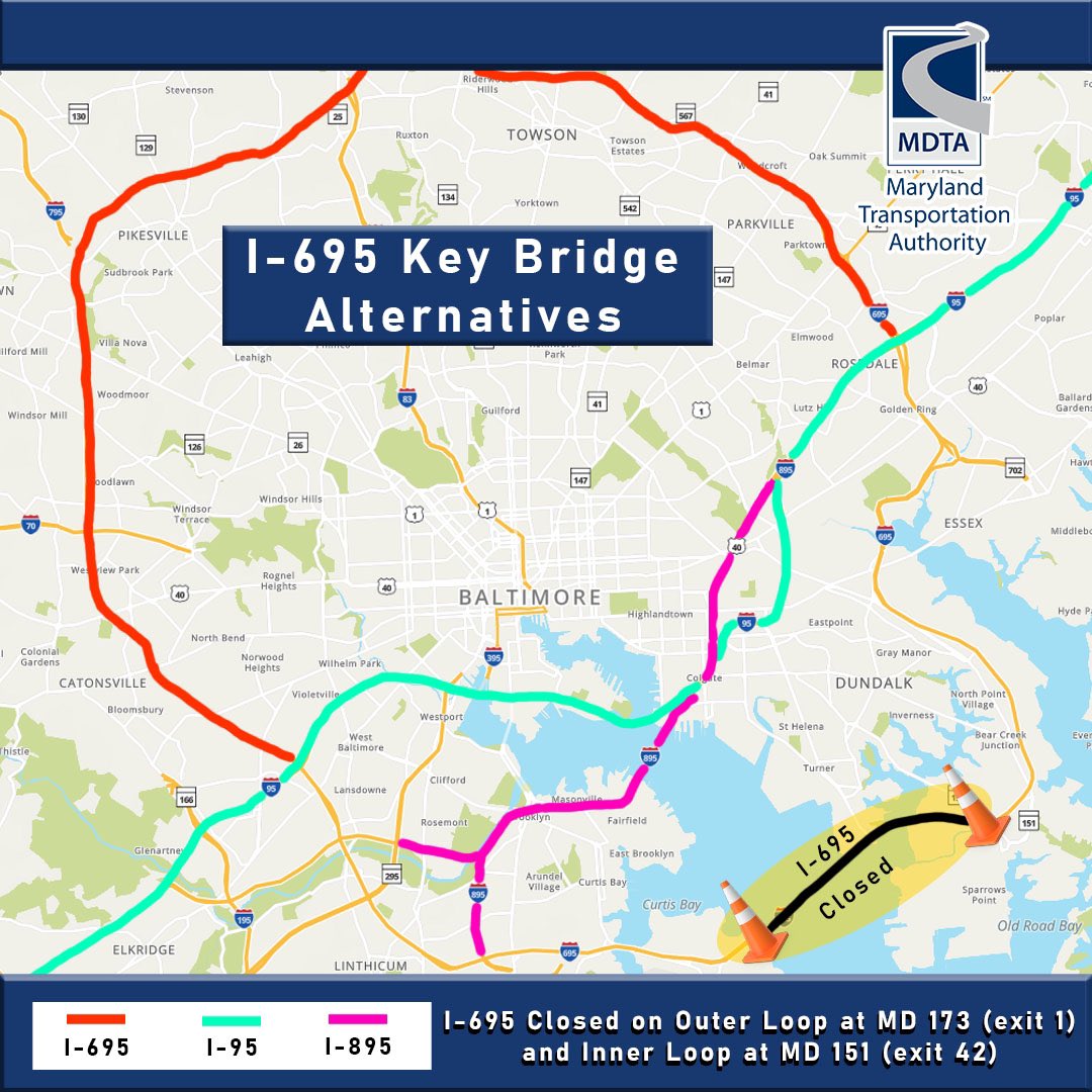 NEW Inner Loop I-695 southeast corridor closure point in effect by Monday morning. Inner Loop closure will be at MD 151/North Point Boulevard (exit 42) which will be last exit for drivers. Outer Loop closure remains intact at MD 173 (exit 1). This map is effective Monday (4/15).