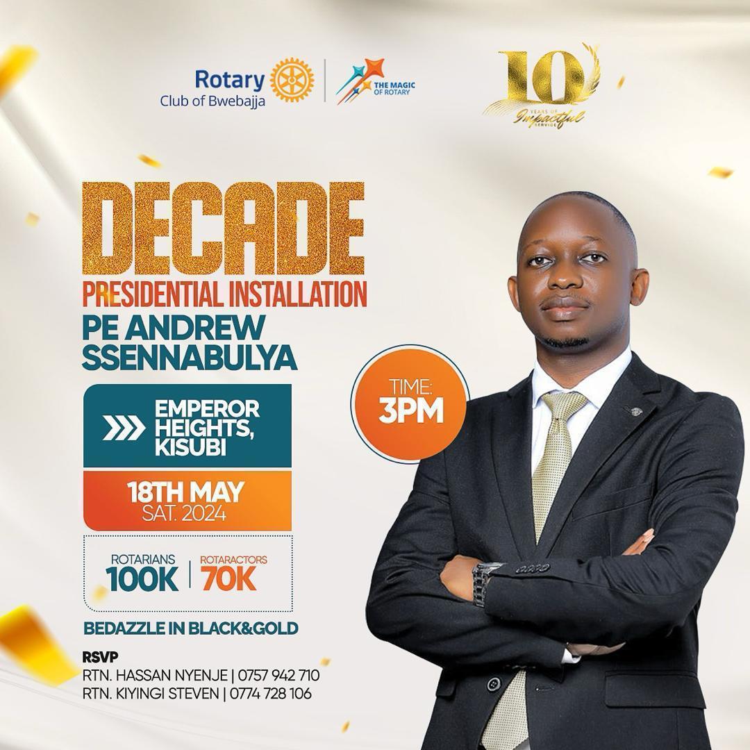 I take this opportunity to invite all for our Decade Presidential installation that will happen on 18th May 2024. Tickets goes for 100k - Rotarians and 70k - Rotaractors . We shall be glad to host you. #DecadePresidentialInstallation