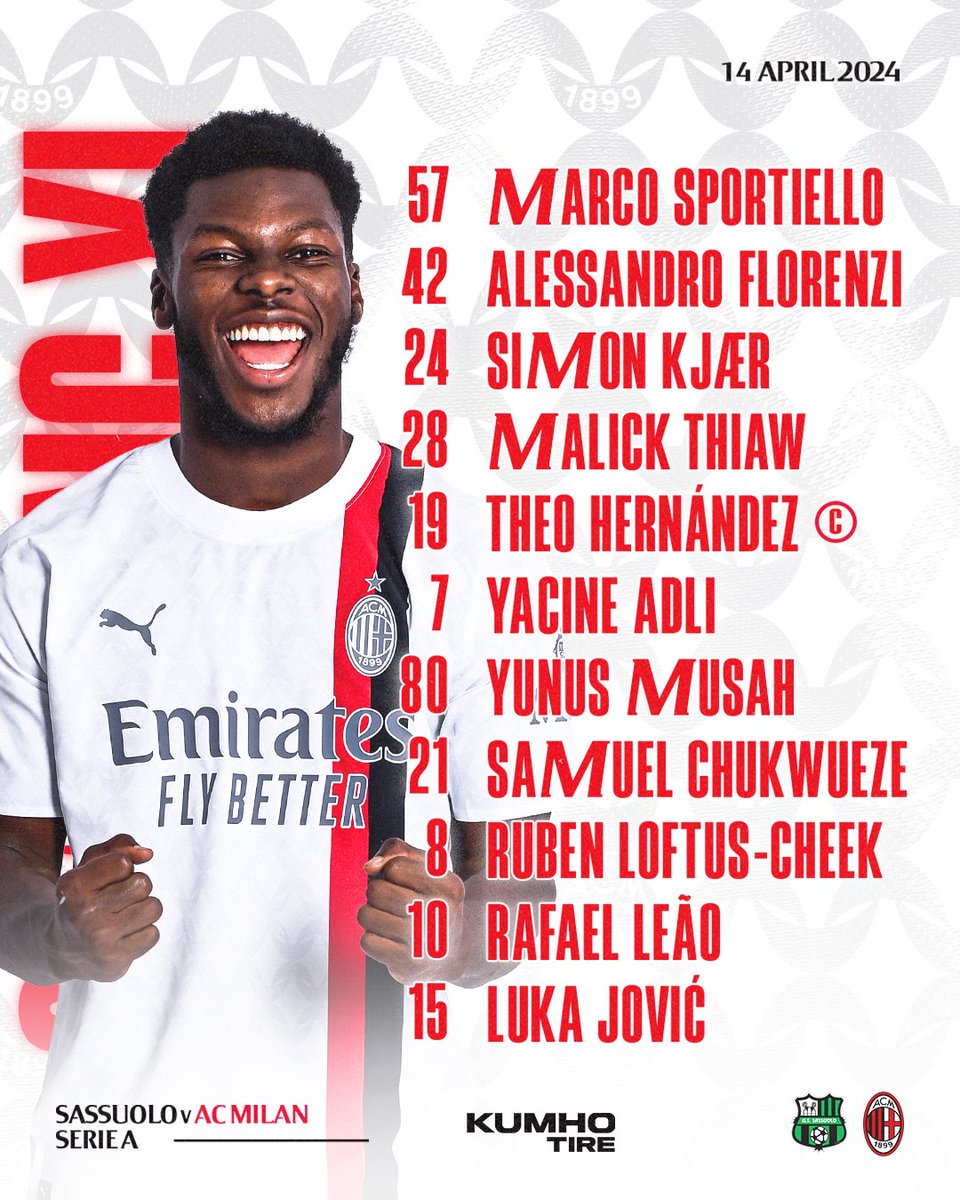 acmilan's tweet photo. Your Rossoneri side to take on Sassuolo 📋

#SassuoloMilan #SempreMilan
Brought to you by 𝗞𝘂𝗺𝗵𝗼 𝗧𝗶𝗿𝗲 https://t.co/Z2O6VPyeTs