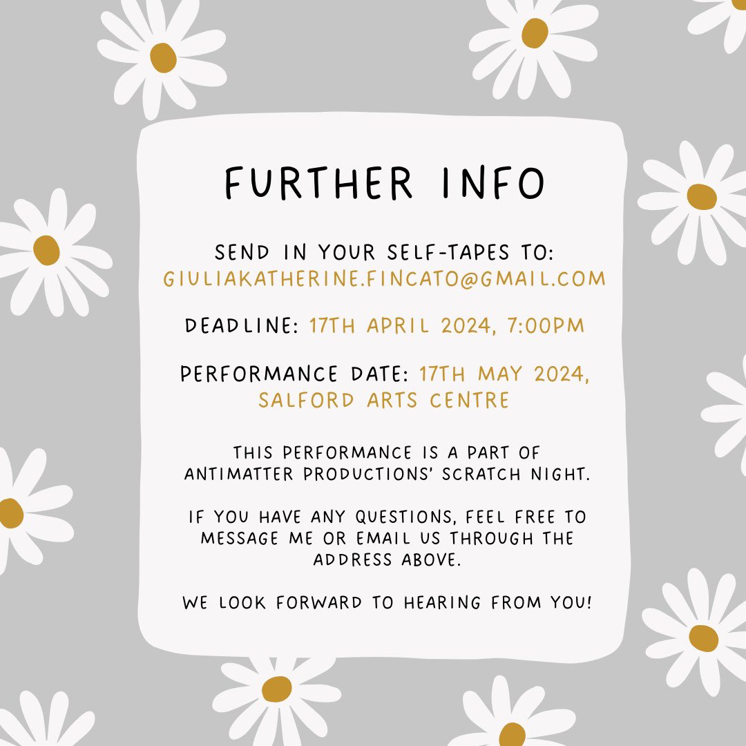 Reminder that auditions are open until 17TH APRIL! Check out the character and play desc. for "The Thing With Feathers" below! 

Couldn't be more excited to start on this scratch night piece by <a href="/GiuliaFincato/">Giulia</a> for Antimatter Productions 🥳

AUDITION INFO:
docs.google.com/document/d/1Vr…