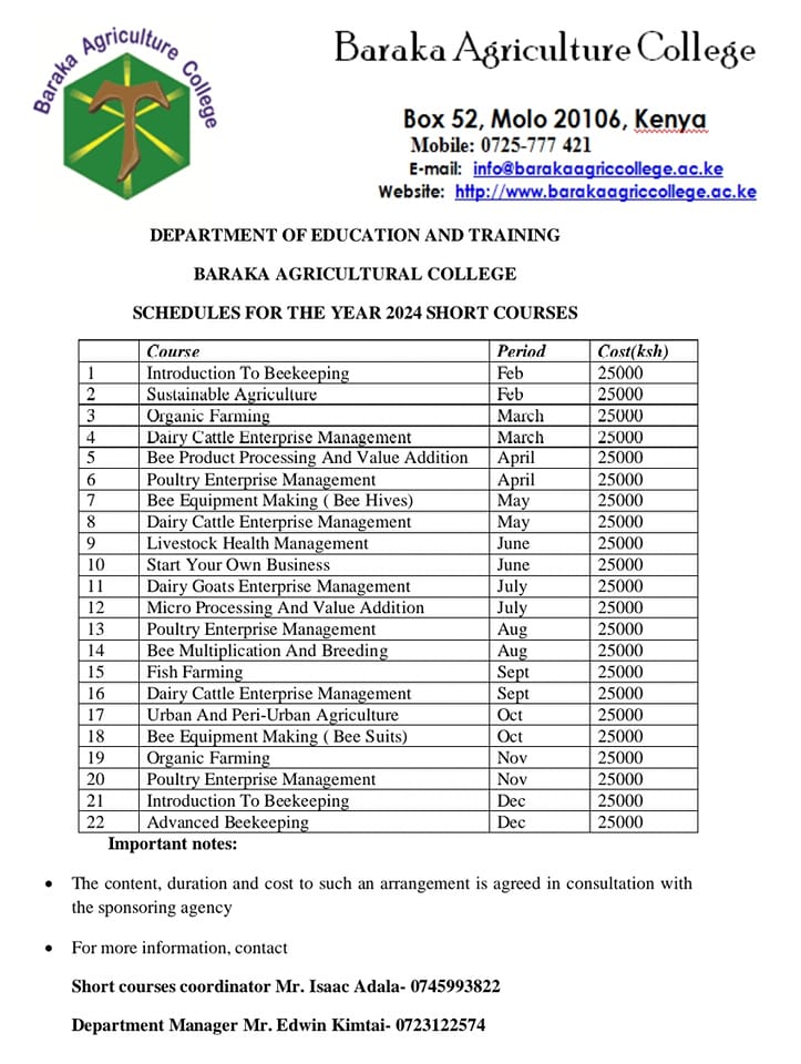 📢Short courses Alert Baraka Agricultural College is a distinguished institution providing quality #agricultural #education with a focus on #sustainable practices and #community #development. Check out 2024 Short Courses. For more details, contact Mr. Isaac Adala on 0745993822