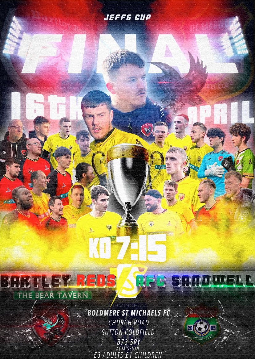 NEXT UP: The Reds Vs AFC Sandwell

Our next game is the JEFFS cup final, the lads are primed and ready to go and try to lift our first trophy. UTFR FTR ⚫️🔴⚫️🔴