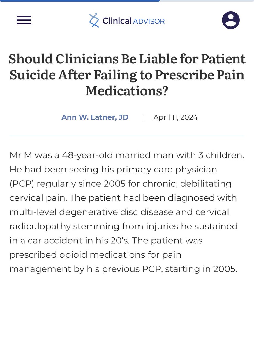 “Should clinicians be liable for patient suicide after failing to prescribe pain medications” A federal law could protect both the clinician and the patient clinicaladvisor.com/home/my-practi…