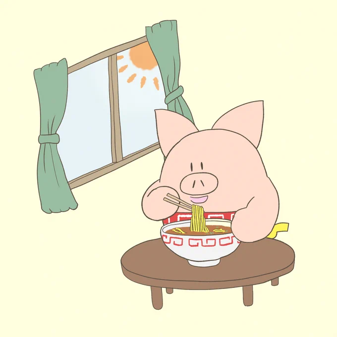 まんプクさん()に3日前に投稿した絵いい朝食の日だったので朝食ネタを描こうと思い、朝ドラまんぷく再放送で主要人物が毎朝ラーメンを食べてたのでそこから着想を得て朝ラーメンにしましたこのラーメンの具はネギしかないのでヘルシーですね 