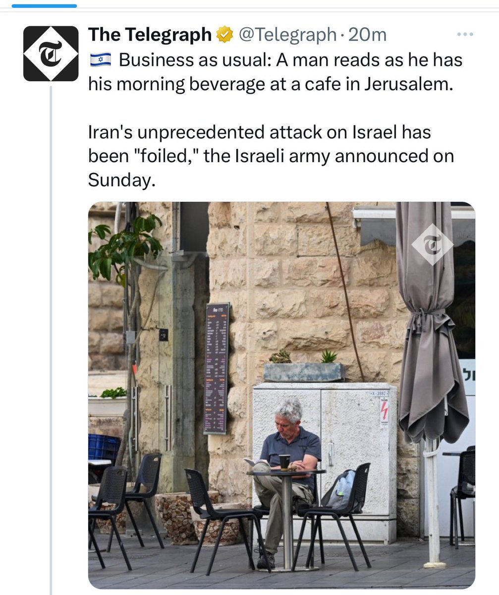 At night we shoot down missiles. In the morning we drink our coffee. Israel in a nutshell. 📸@Telegraph
