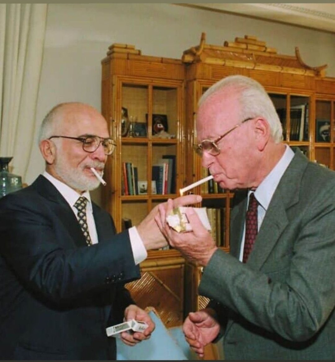 King Hussein and Yitzhak Rabin smoking a cigarette together after they made peace between Israel and Jordan almost 30 years ago.. In the future, Israeli leaders and Palestinian leaders will smoke cannabis together after they made peace, and ended the cycle of bloodshed.