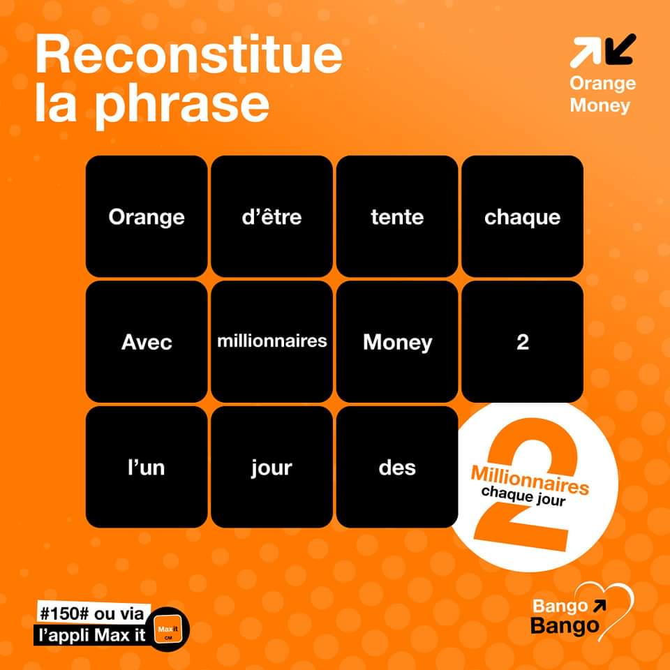 Mbom😎, Où sont les experts de cette famille ? Donnez la bonne réponse ! Les temps-ci quand on reste #BangoBango 🫂 avec Orange Money, on peut devenir millionnaire 💰 en effectuant une transaction d'au moins 5 000F. Plus d'infos 👉bit.ly/BangoBangoOM #IciOnEstEnFamille