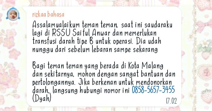guys aku minta tolong ramein ya, bantu rt+like biar rame
urgent banget, aku mau up d base, tp gabisa :(
teruntuk temen² daerah malang, barang kali ada yg mau bantu saudara temen aku @earthnthemoon, lagi nyari donoran darah tipe B buat operasi, RSSU Saiful Anwar, makasih temen² 💗