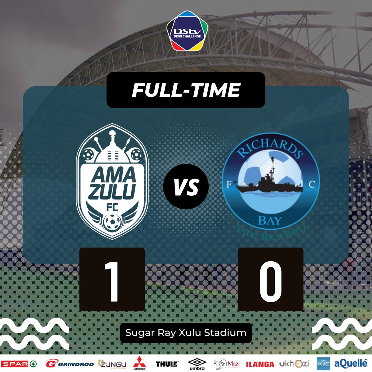 FULL-TIME ⏰ | #DStvDiskiChallenge 🏆

Victory at Sugar Ray Xulu Stadium.

#AmaZuluFC 1⃣ ➖ 0⃣ Richards Bay

#Asidlali
#HebeUsuthu
#UsuthuTogether