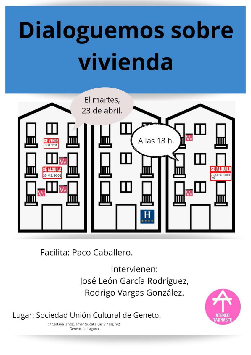 AteneoTajinaste's tweet photo. Dialoguemos sobre vivienda

Te invitamos a dialogar sobre las condiciones y dificultades del acceso a la vivienda en Canarias, en un espacio de reflexión compartido, enriquecido con el análisis de expertos como José León y Rodrigo Vargas con la facilitación de Paco Caballero. https://t.co/C8rpGHjjTI