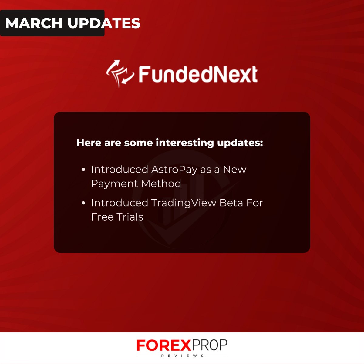 Attention! March updates for FundedNext are here! New payment methods, free trial offers and more have been added to their list of features. Don't miss out on this opportunity to take your skills to the next level. 
#PropFirms #ForexPropReviews #FundedNext #TradingUpdates