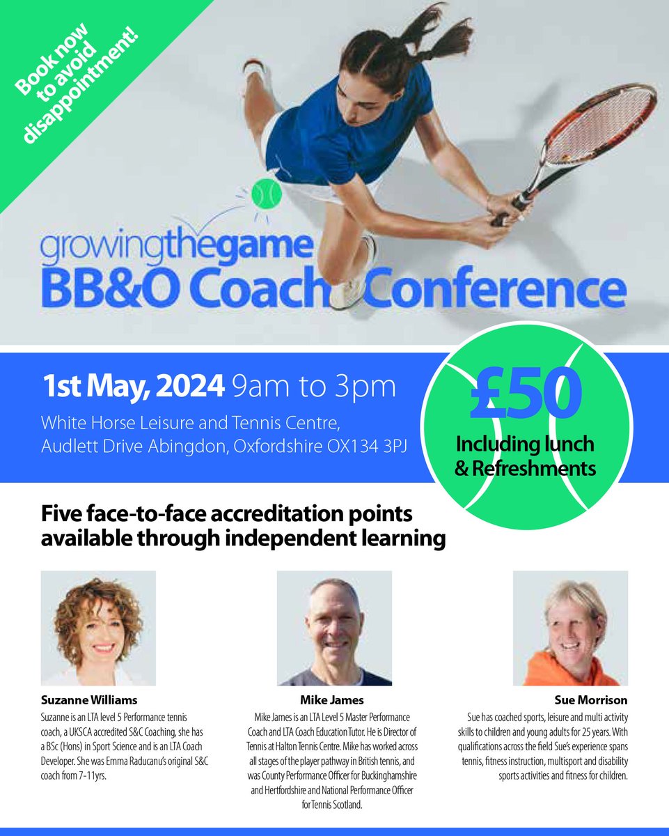 The BBO Coach Conference 2024 🎾 is happening on Weds 1st May at White Horse Leisure & Tennis Centre in Oxfordshire. The stellar line-up of speakers is confirmed and we're ready to go! To book visit: tennisoxfordshire.com/activities @GrowingtheGame @TennisOxford @BucksLTA