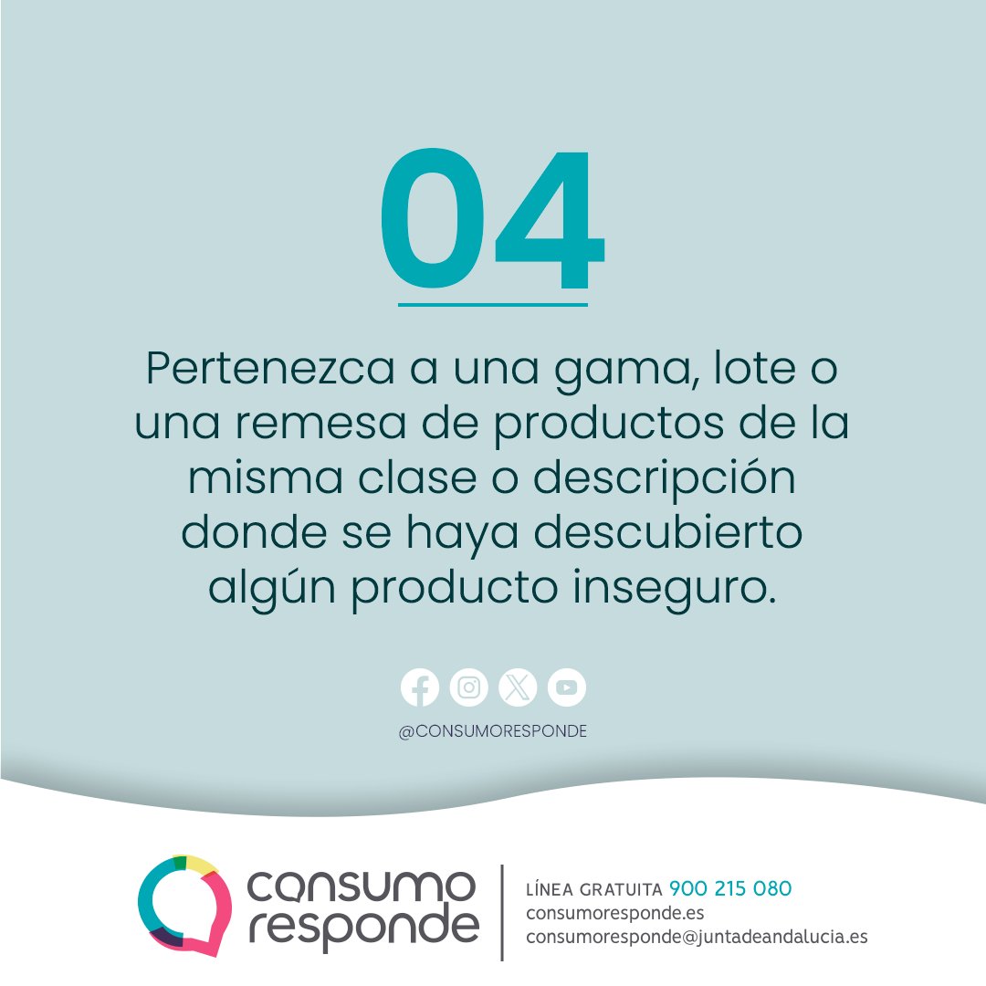 👇 ¿Cuándo puedo considerar que un producto de consumo es inseguro? Desliza las imágenes para conocer los tres supuestos en los que entendemos que un producto es inseguro. 🔗 goo.su/ylQNU @saludand @AndaluciaJunta #consumo #consumoresponde #productos #seguridad