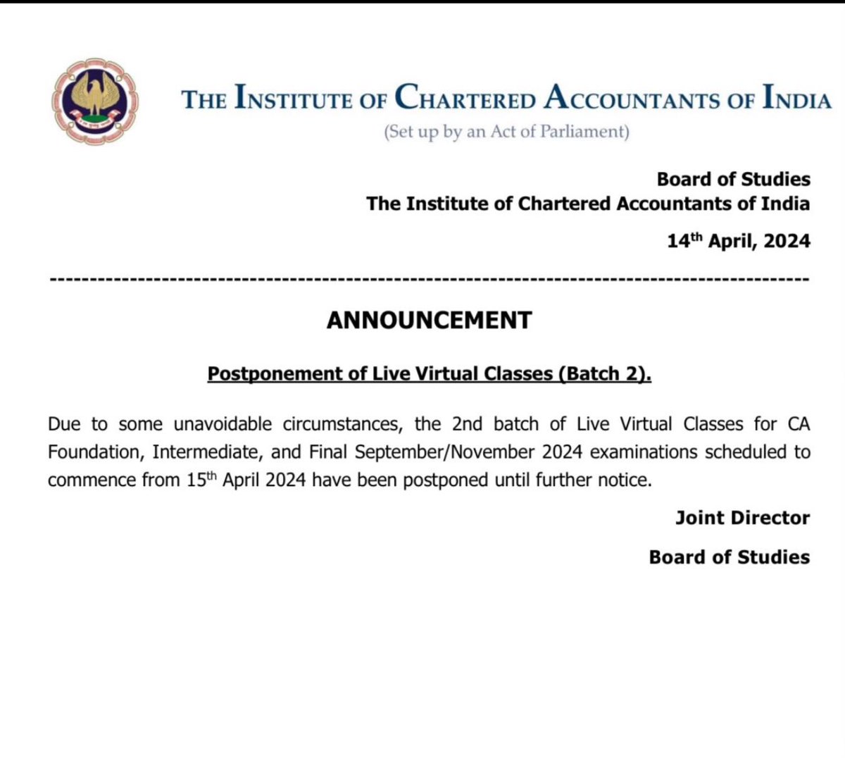 Seem like ca exam May’24 postponed news on its way also #caexam #icai #ca #castudents