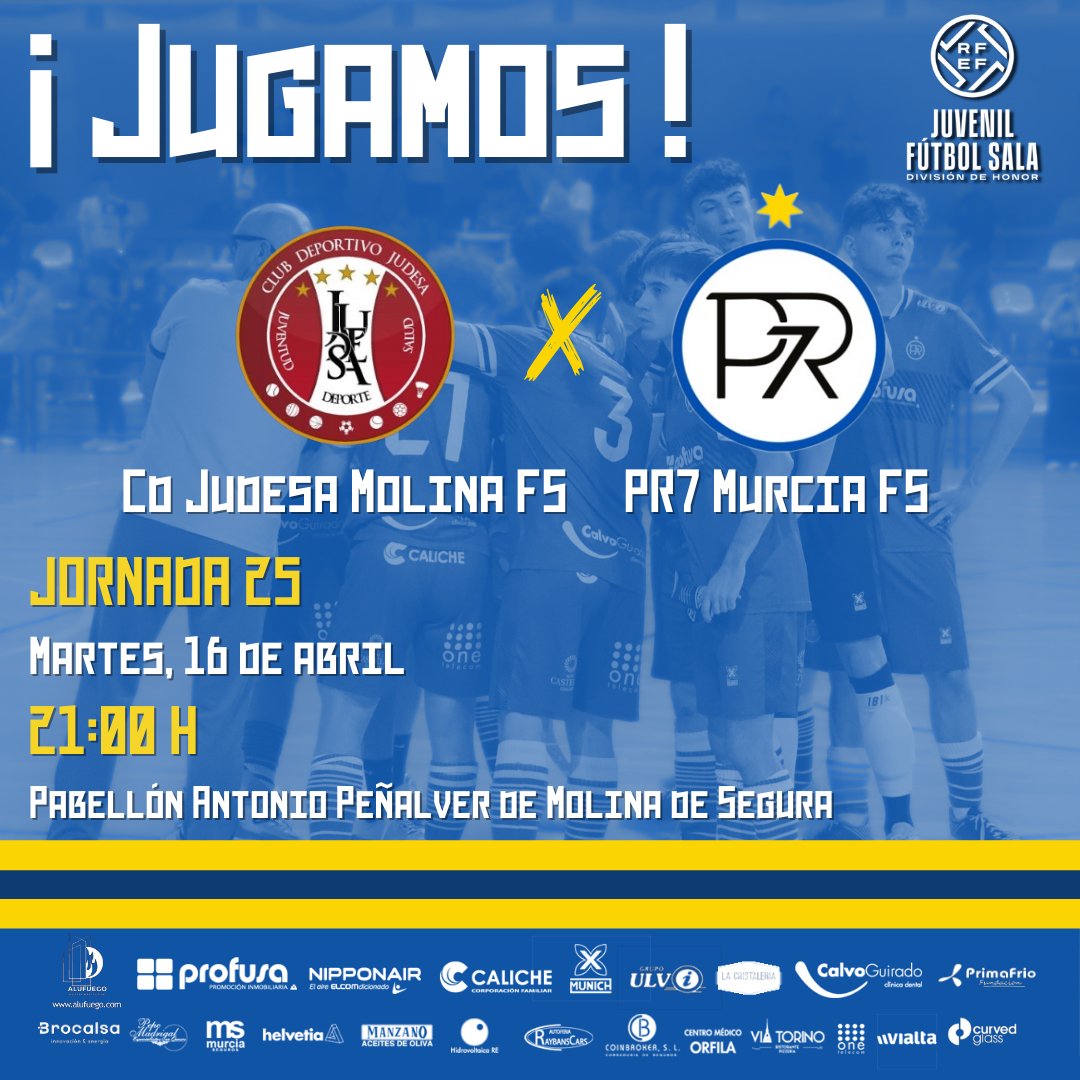 🔵 𝗝𝗨𝗩𝗘𝗡𝗜𝗟 𝗗𝗛 🔵 | '¡𝕁𝕌𝔾𝔸𝕄𝕆𝕊!' 𝗝𝗼𝗿𝗻𝗮𝗱𝗮 𝟮𝟱 🆚 @CDJUDESAFS 📆 Martes, 𝟭𝟲 de abril 🕖 21:00 H 🏟 Pabellón Antonio Peñalver de Molina de Segura #SomosCantera #LaFamilia 💙