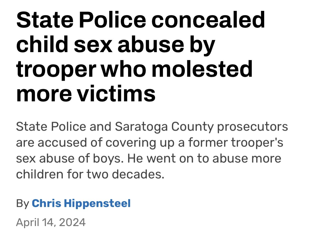 A police officer in New York was grooming boys and committing child sex abuse for decades. The state is now being sued because of the police and prosecutors' alleged roles in turning a blind eye and trying to cover it up. timesunion.com/news/article/s…