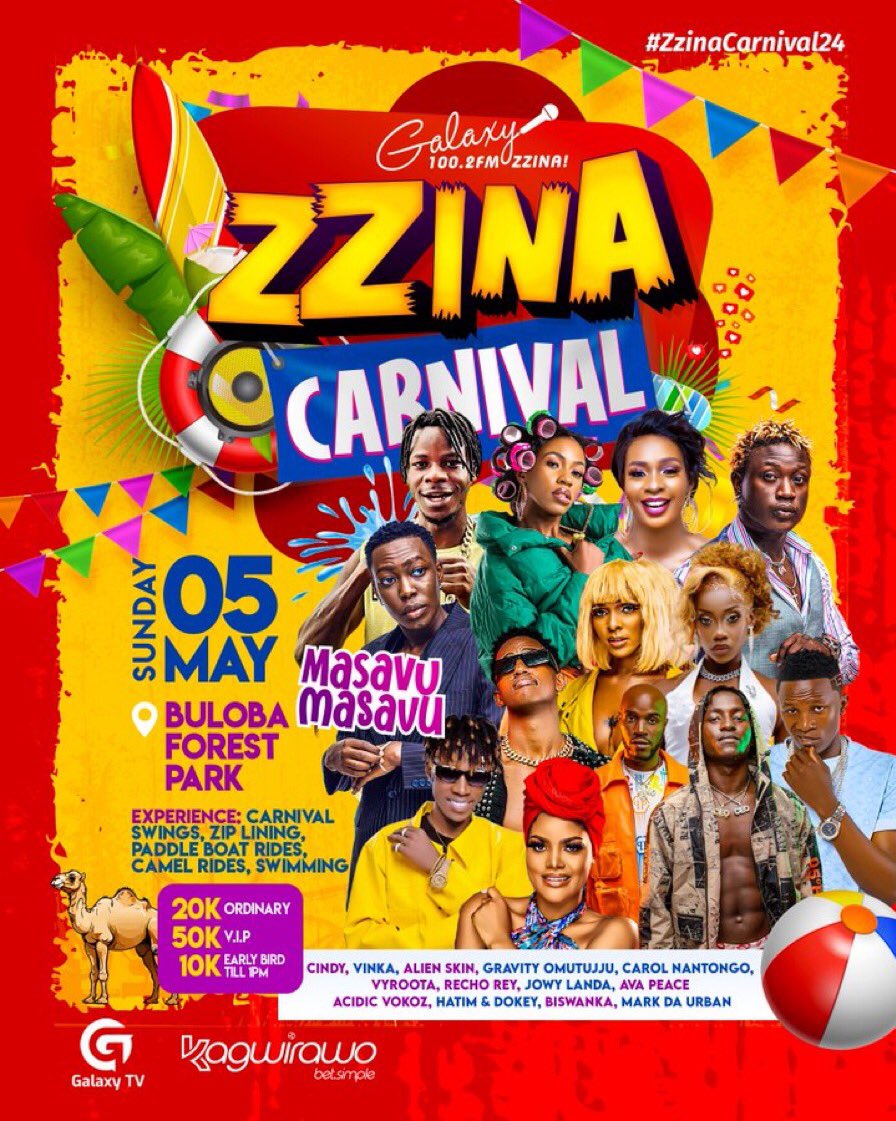 #ZzinaCarnivalMasavu Edition.!

Buloba Forest Park we’re in the Place come 05th May,2024.!

Early bird 10K, Ordinary 20K and VIP 50K.!
