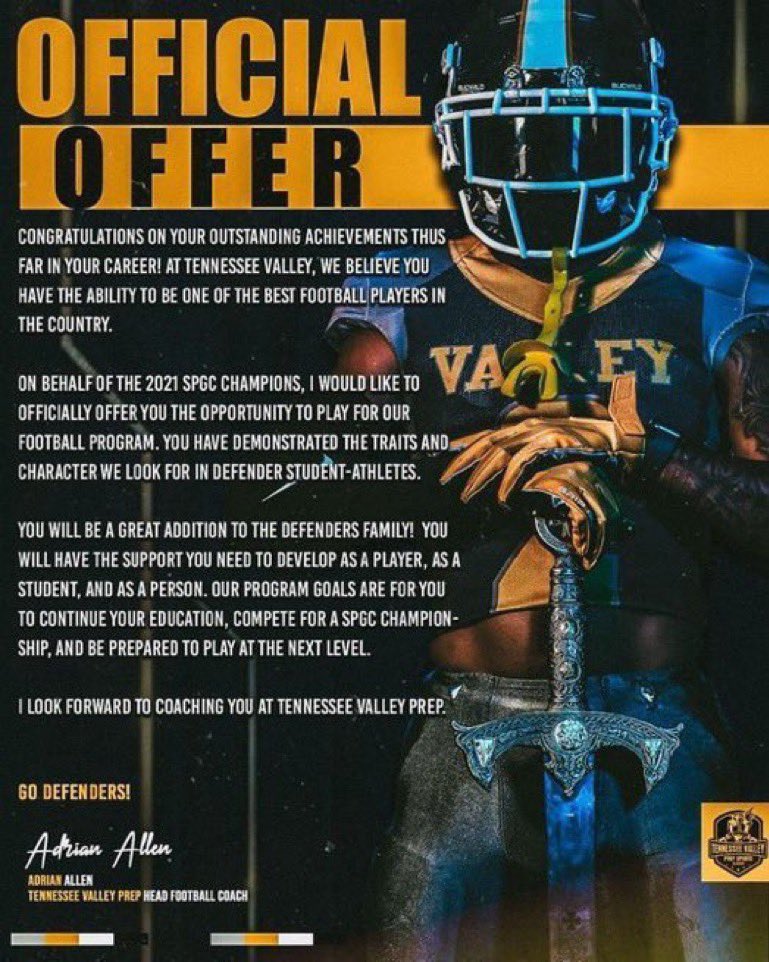 After a great conversation with <a href="/page21marcus/">Marcus Page Sr</a> I am blessed to receive my 3rd official offer from Tennessee Valley💛💙🙏🏾@tnvpsa <a href="/AdrianA14341147/">Adrian Allen</a> @BallCoachTaylor <a href="/SC_Athletics_/">South Cobb Athletics</a> #AGTG