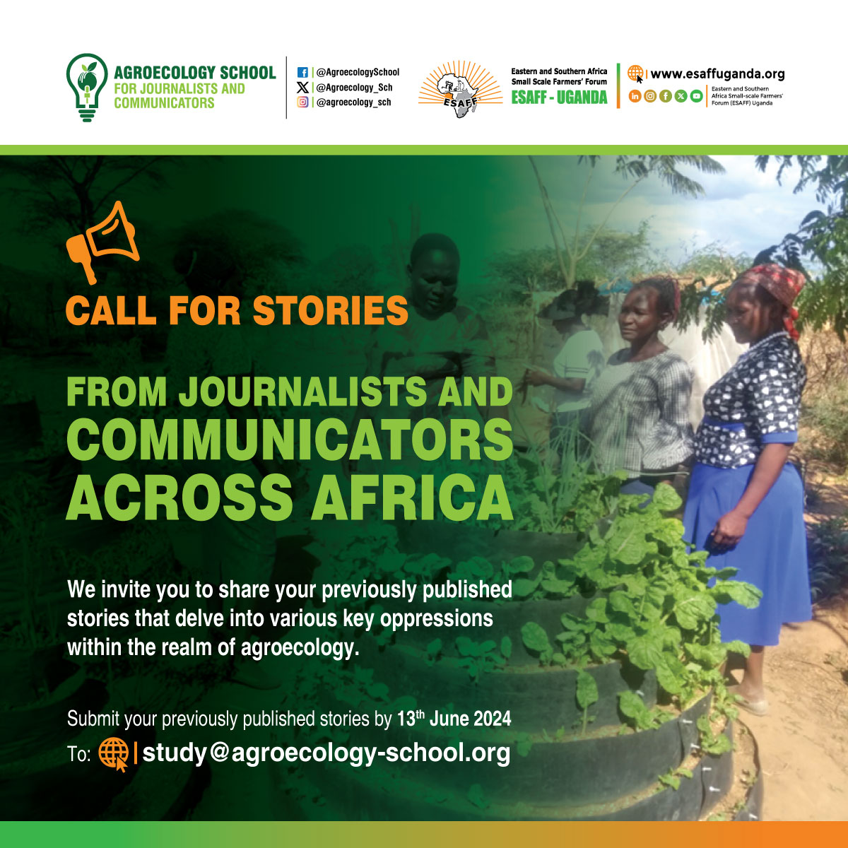 CALL FOR STORIES! 📢 Calling all African journalists and communicators passionate about agroecology! Submit stories you have covered, and let's amplify voices and ignite change together! More information: agroecology-school.org/post/attention… #AgroecologySchool🌱🌍 #AgroecologyPost