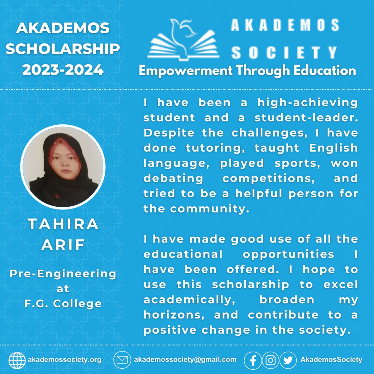 Tahira Arif | One of the 17 Akademos Scholars for the academic year 2023-2024.