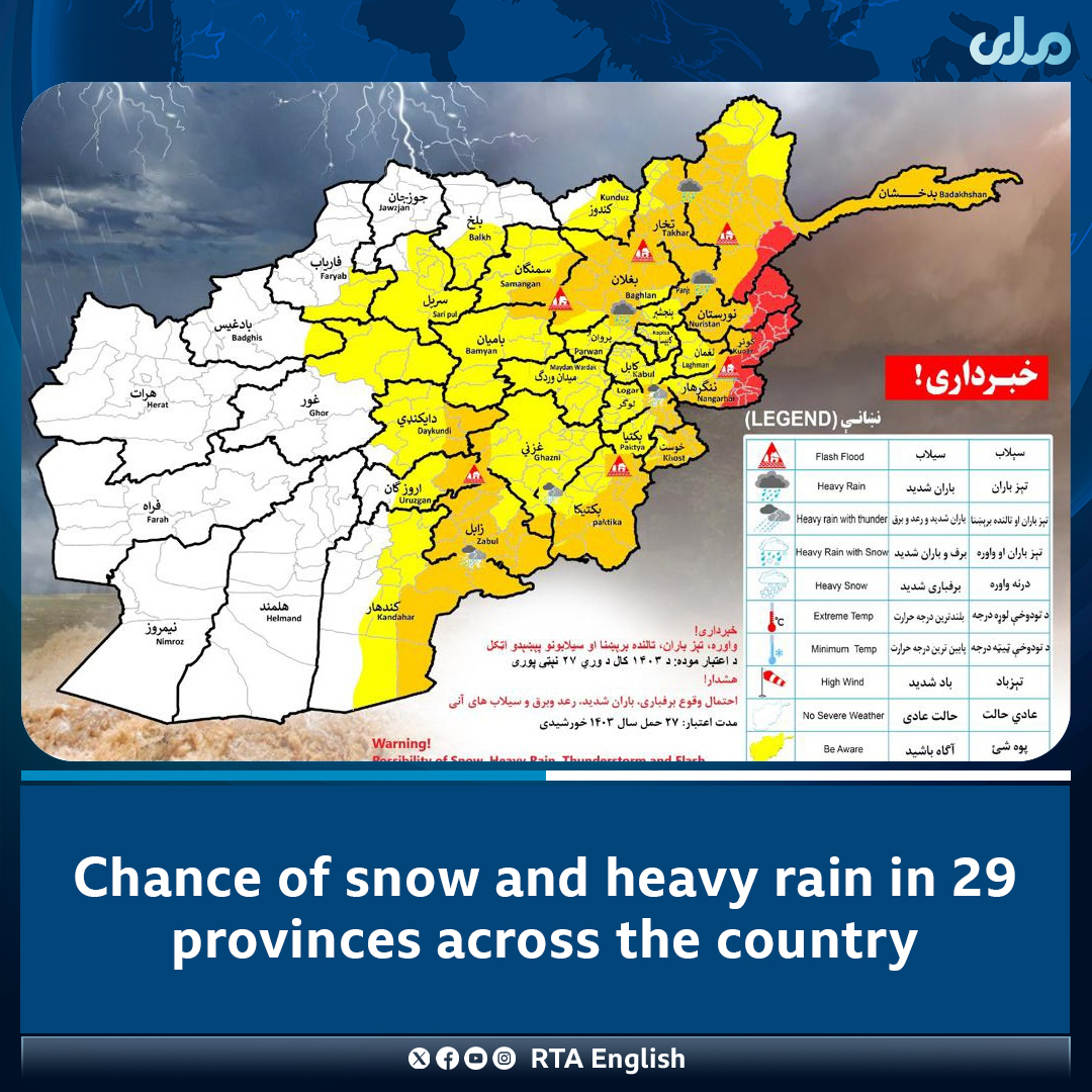 The Department of Meteorology of the Ministry of Transport and Aviation has reported that tomorrow, Monday (15 April), there is a possibility of snowfall, heavy rain, and flash floods in the provinces of Badakhshan, Takhar, Kunduz, Baghlan, Samangan, Balkh, Panjshir, Kapisa,…
