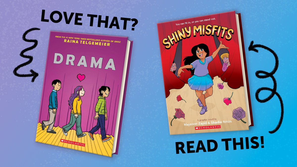 Looking for your next great read? Check out SHINY MISFITS on April 16th! This is a hilarious new graphic novel is a must-read. 📖🔗➡️ schol.ca/x/ai DRAMA by Raina Telgemeier SHINY MISFITS by @maysoonzayid & Illustrated by @shadiaminart