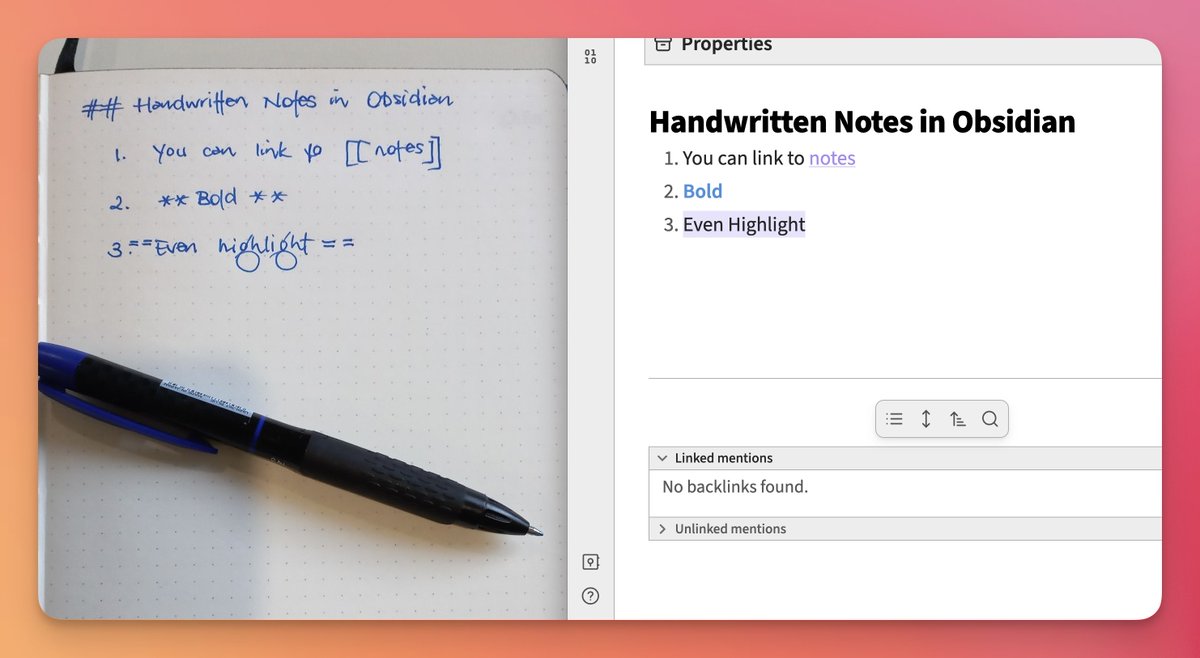Want to take handwritten notes that convert into @obsdmd or markdown—complete with formatting and links? 

Open up ChatGPT on your phone. Take a photo. Ask GPT to give you well-formatted markdown. (h/t: @rodrigoabreu56 for the inspiration).

Link to a custom GPT in reply below: