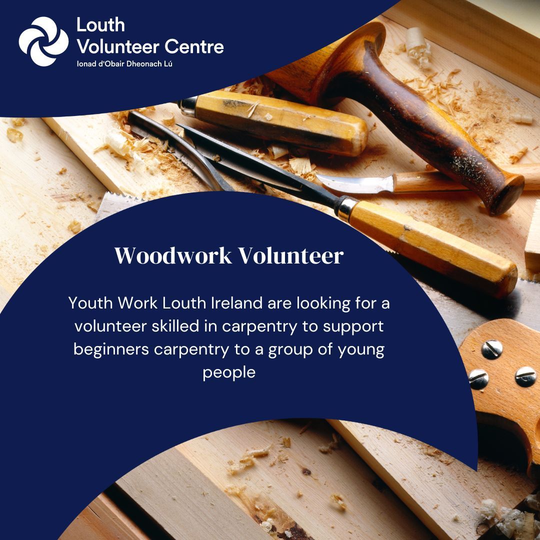 Woodwork Tutor! Youth Work Louth Ireland are looking for a volunteer with skills in carpentry/woodwork to support young people in beginners carpentry. Sessions are held every Friday at 5pm to 6:15pm for three weeks. buff.ly/3xuSoPC #volunteerlouth #woodwork