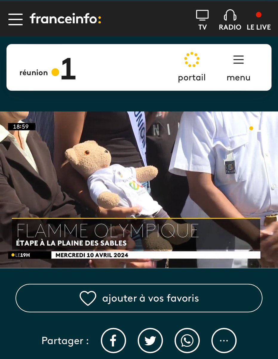 Track_mac_letss's tweet photo. Wow! I am on French TV!!!!! I had the honour to see the Olympic Flame passing in La Reunion and I posed with Miss Reunion for the event!!! 😎 #trackmac🧸 https://t.co/INn4pIGche