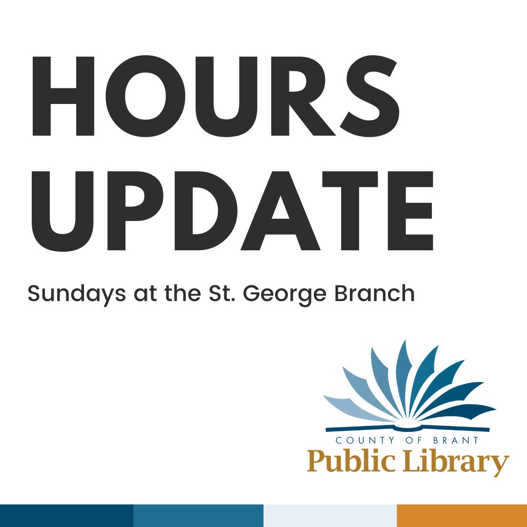The St. George Branch will be closed on Sundays beginning Sunday, May 5.

Sunday hours will resume after the Thanksgiving holiday on Sunday, October 20.

#BrantLibrary #BrantCounty #LibraryHours #LibraryUpdate