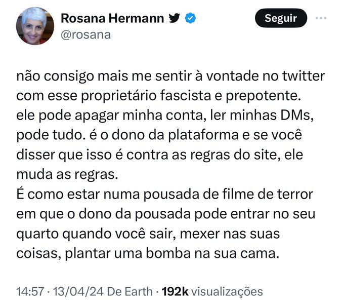 MarPetrucelli's tweet photo. Conheço Rosana Hermann há mais de 30 anos. Em 1997, portanto há 26 anos, fui entrevistado por ela num programa de TV para comentar o lançamento de "Titanic". Ambos éramos jovens. A diferença é que eu evoluí e acordei do pesadelo esquerdista. Rosana continua estacionada no mesmo discurso tacanho.
Faria um enorme favor e mostraria alguma dignidade saindo livremente dessa rede. Ela não é obrigada a continuar, ainda mais porque paga por isso!