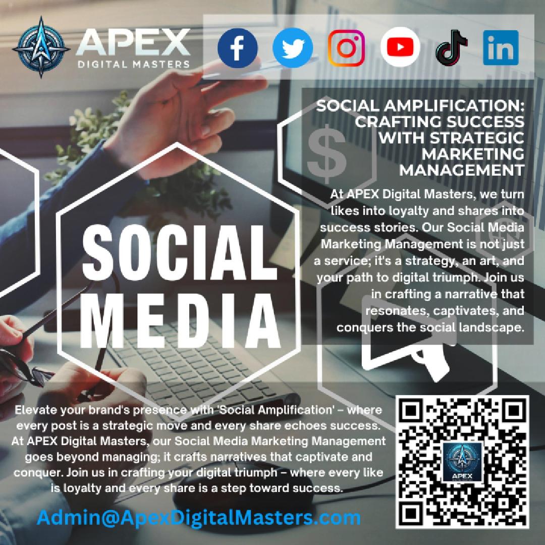 Elevate your brand's social presence with APEX Digital Masters! Our tailored social media management ensures engaging content, strategic growth, and measurable results. Let's ignite your online community today! #SocialMediaManagement #apexdigitalmasters