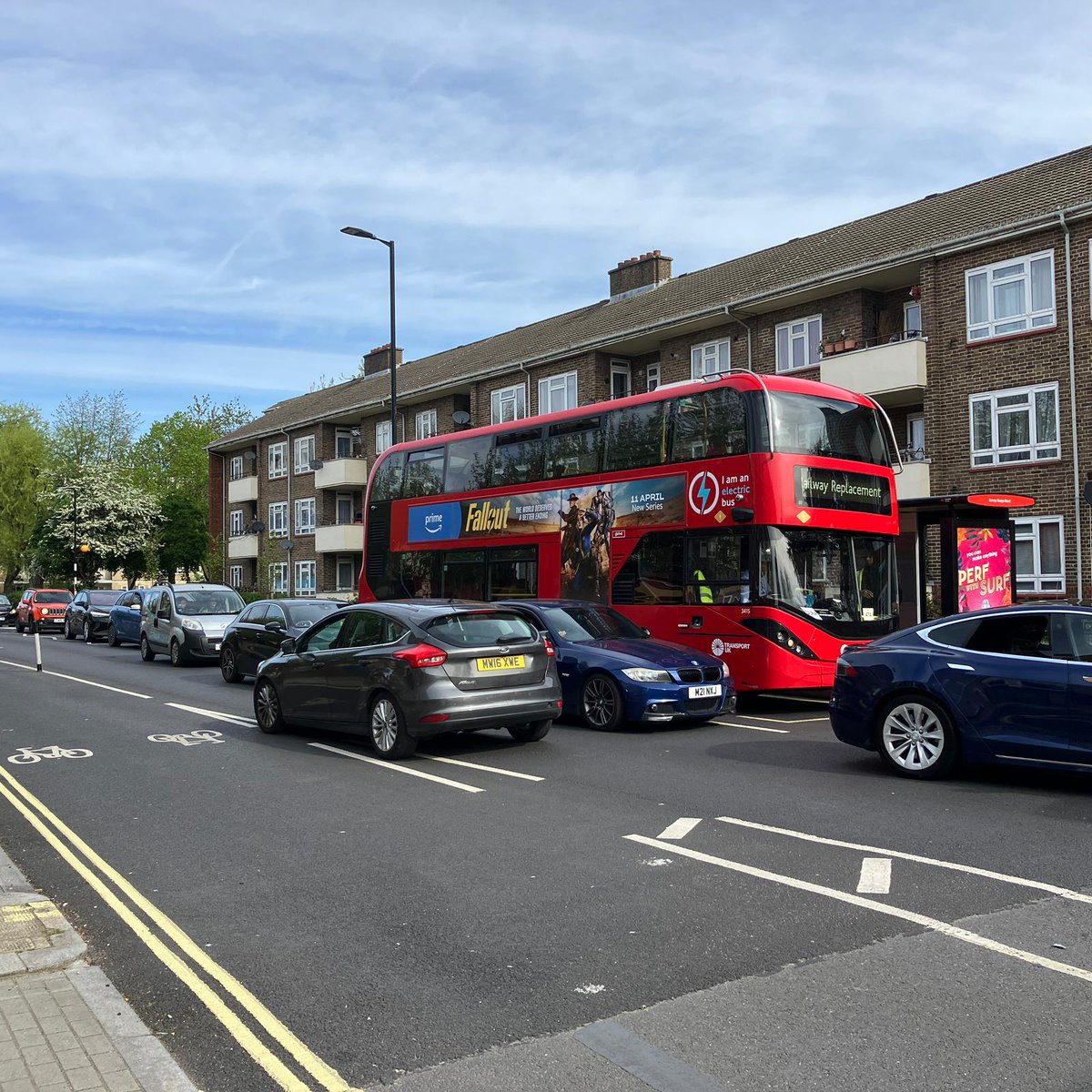 Sun 14/4/24
Another consequence of the new layout for Lower Rd SE16 after the opening of the cycleway.  When using rail replacement buses,  they block one lane, forcing a member of @TfL staff to act as a police officer controlling the traffic. 

This car occupied the cycle way.