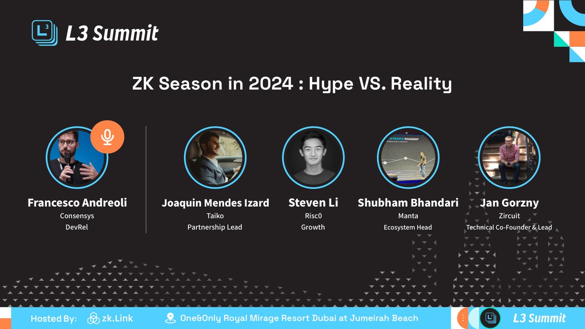 🌟Is it ZK SZN in 2024? Dive into our 1st panel at 12:00 - 12:45 with @Joaquin_Mendes1 - @taikoxyz, @li_steven1 - @RiscZero, @Shubhamb126 - @MantaNetwork and @dr_zircuit - @ZircuitL2, moderated by @francescoswiss - @Consensys! 🔥RSVP lu.ma/L3Summit-Dubai