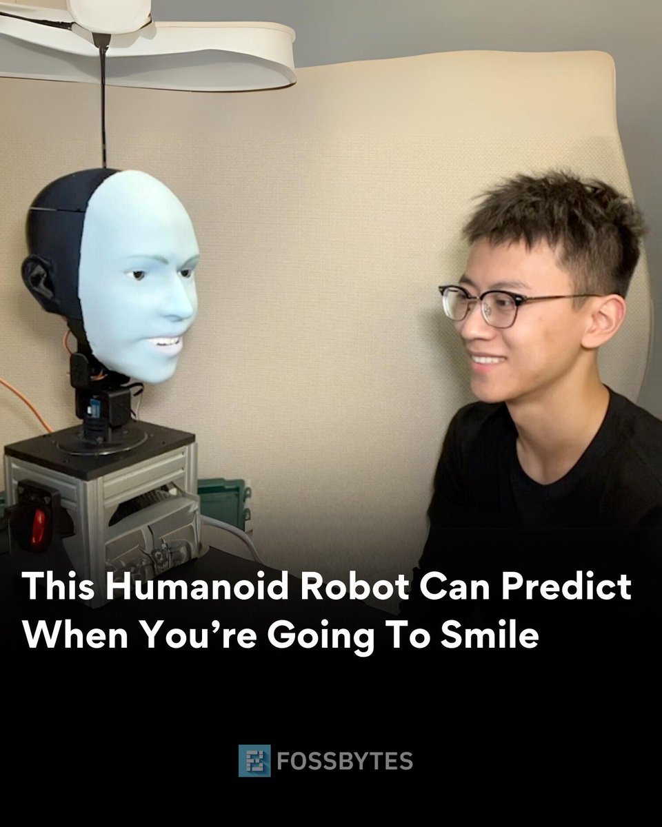 FossbytesUk's tweet image. A newly developed humanoid robot has the ability to forecast whether an individual will smile just before they do and imitate the smile on its own face.