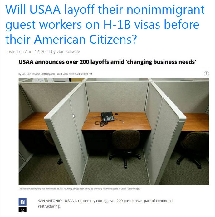 Another #layoff at @USAA - who will get the axe this time? #H1B or 'expendable' #AmericanWorkers @USCISDirector @USDOL? (thread)

Will USAA layoff their nonimmigrant guest workers on H-1B visas before their American Citizens? guestworkervisas.com/?p=64082