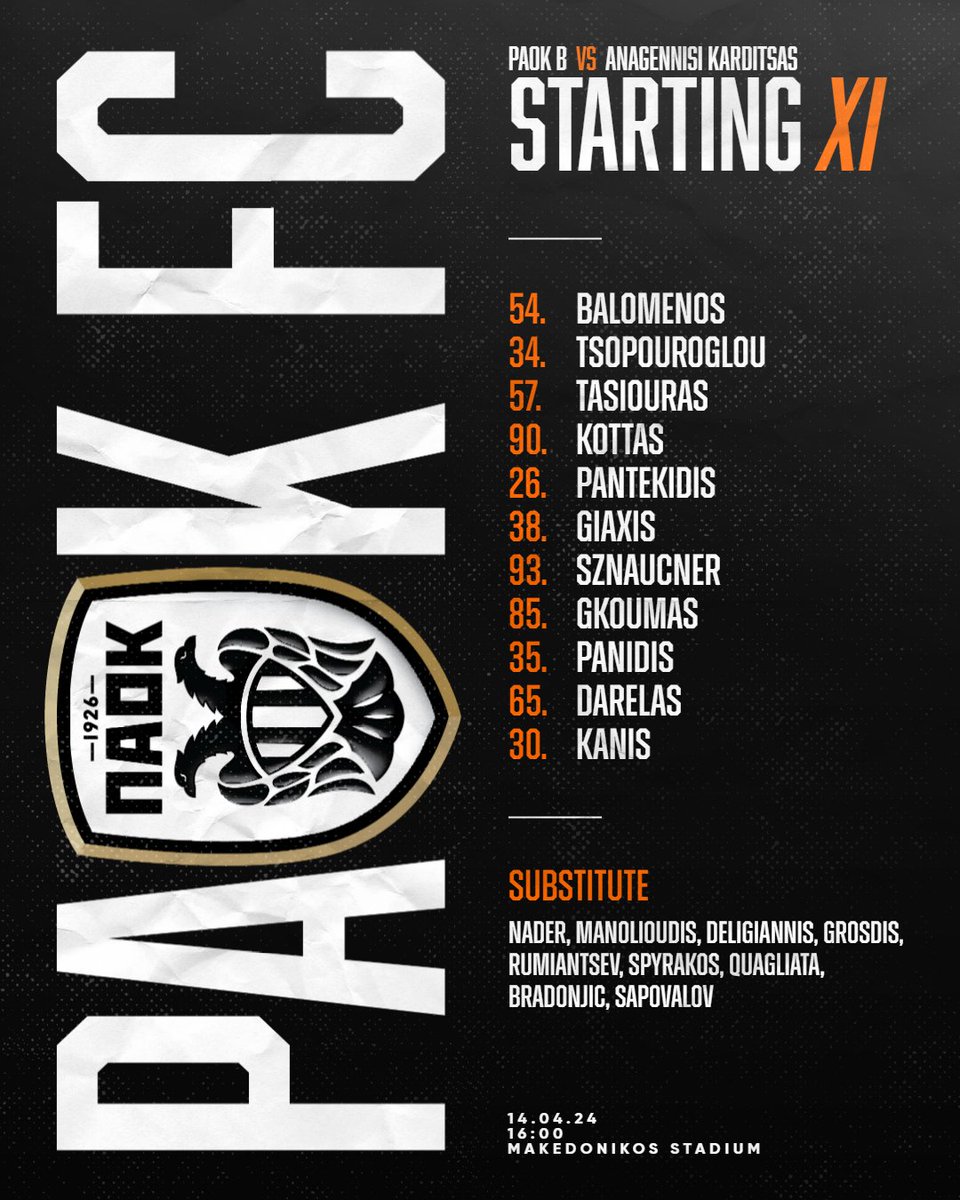 #Starting11 Η αρχική 11άδα του #PAOKB για την αναμέτρηση κόντρα στην Αναγέννηση Καρδίτσας #PAOKBKARD #SL2 #PreGame